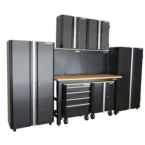 It features a pre-assembled design and a black matte powder-coating finish. . Husky garage cabinet